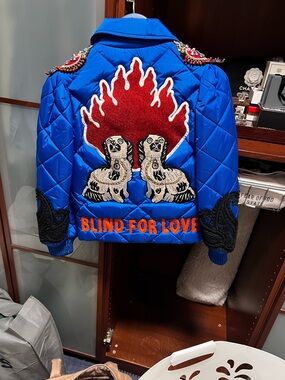Gucci Blue Quilted Jacket with Red Flame and Embroidered Dogs